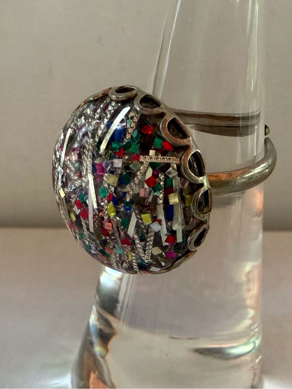 Sarah Coventry Silver-Tone Dome Ring with Multicolored Confetti - Picture 2 of 3